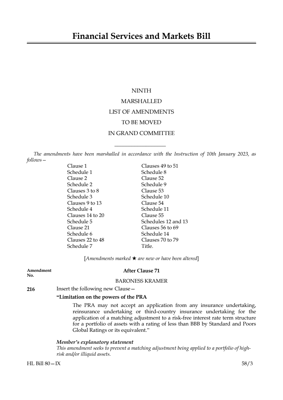 Financial Services and Markets Bill Ninth Marshalled List of Amendments to be moved in Grand Committee