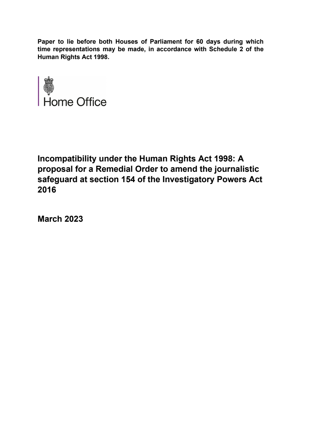 Incompatibility under the Human Rights Act 1998: A proposal for a Remedial Order to amend the journalistic safeguard at section 154 of the Investigatory Powers Act 2016