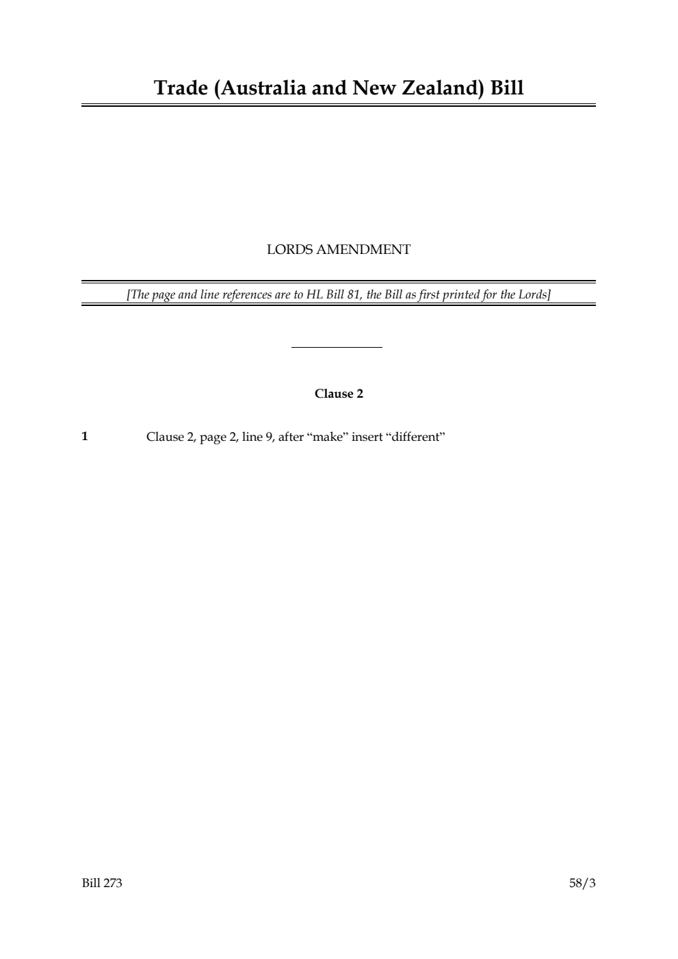 Trade (Australia and New Zealand) Bill Lords Amendment