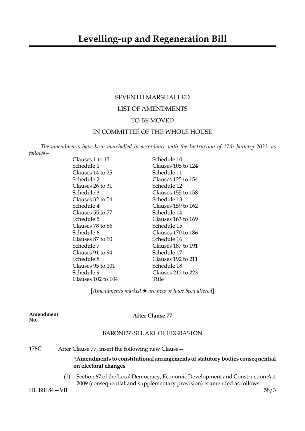 Levelling-up and Regeneration Bill Seventh Marshalled List of Amendments to be moved in Committee of the Whole House