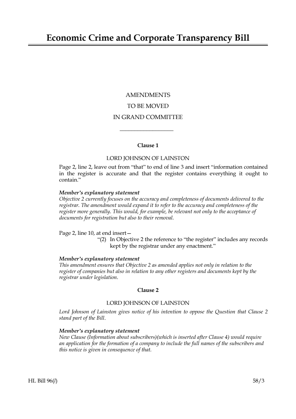 Economic Crime and Corporate Transparency Bill Amendments to be moved in Grand Committee