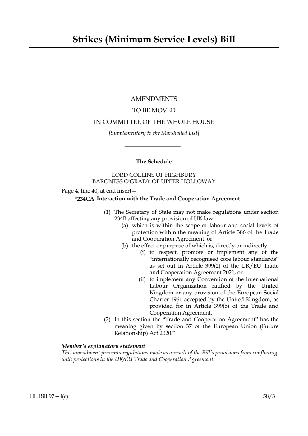 Strikes (Minimum Service Levels) Bill Amendments to be moved in Committee of the Whole House [Supplementary to the Marshalled List]