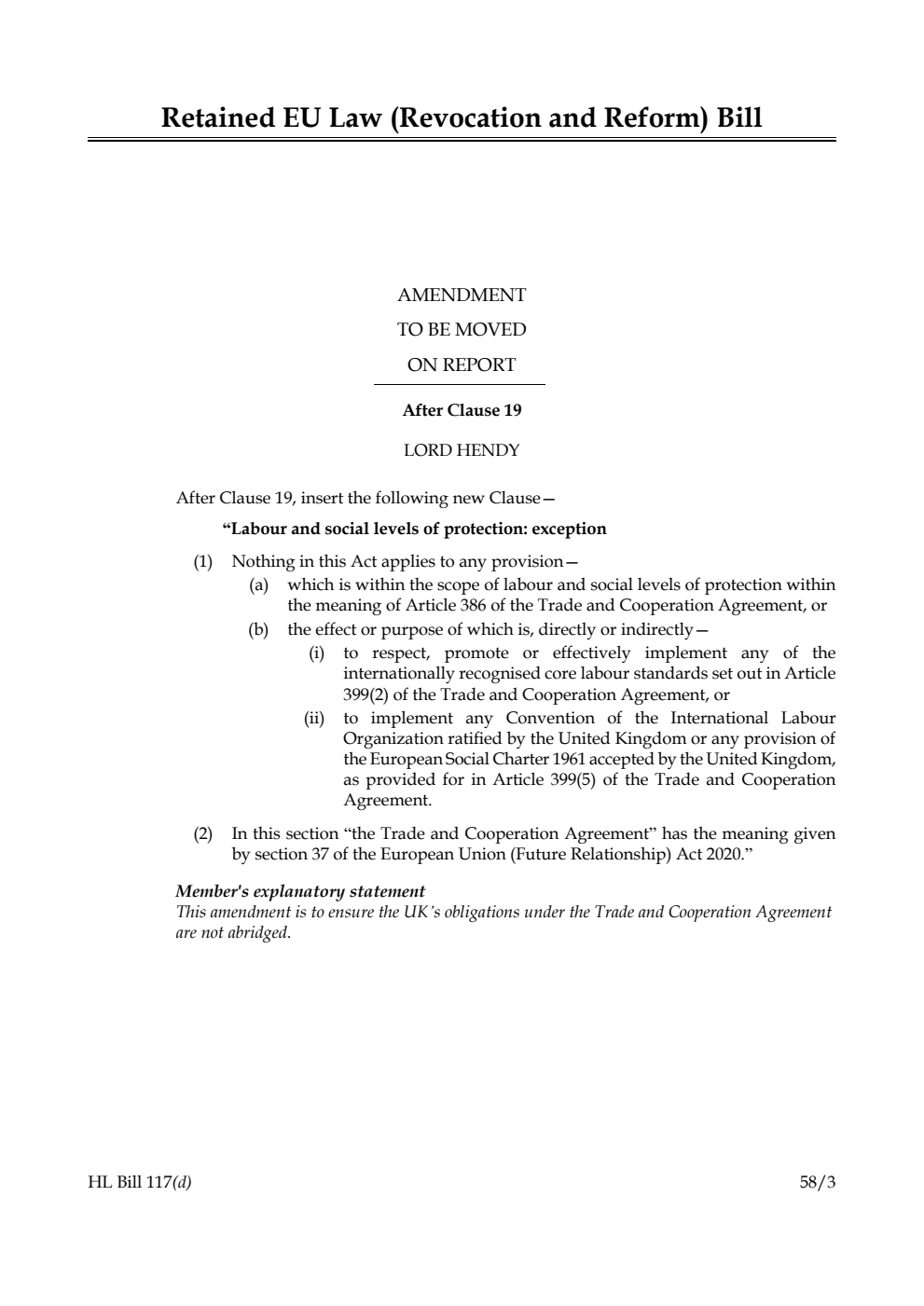 Retained EU Law (Revocation and Reform) Bill Amendment to be moved on Report