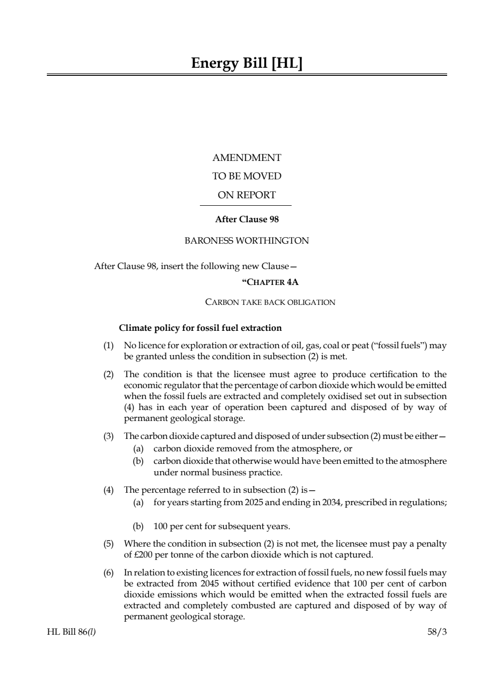 Energy Bill Amendment to be moved on Report