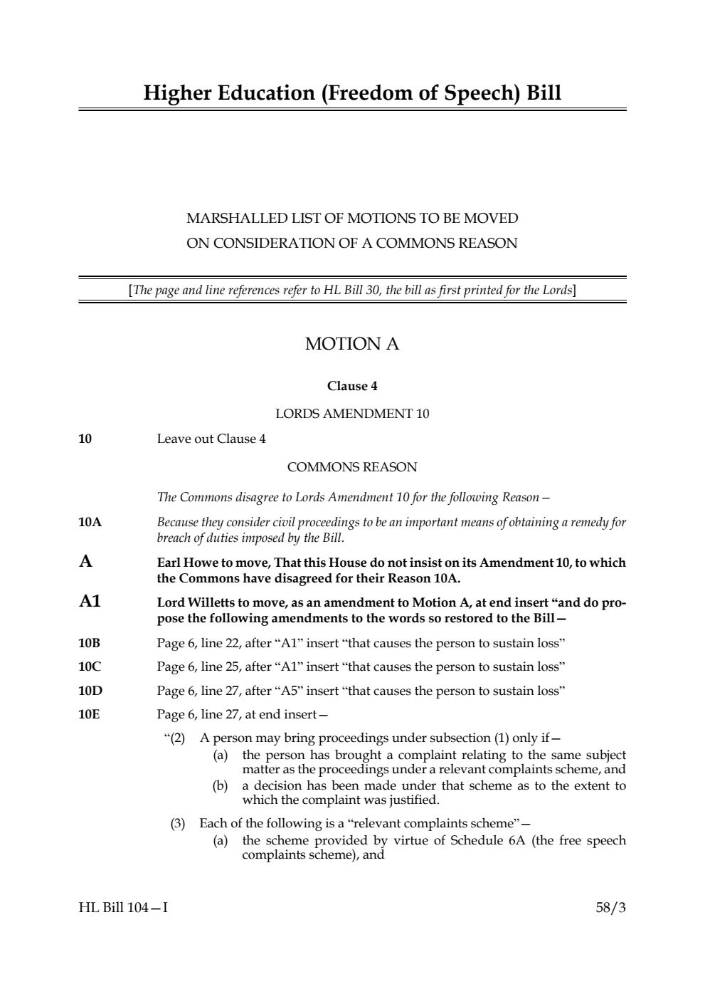 Higher Education (Freedom of Speech) Bill Marshalled List of Motions to be moved on Consideration of Commons reasons