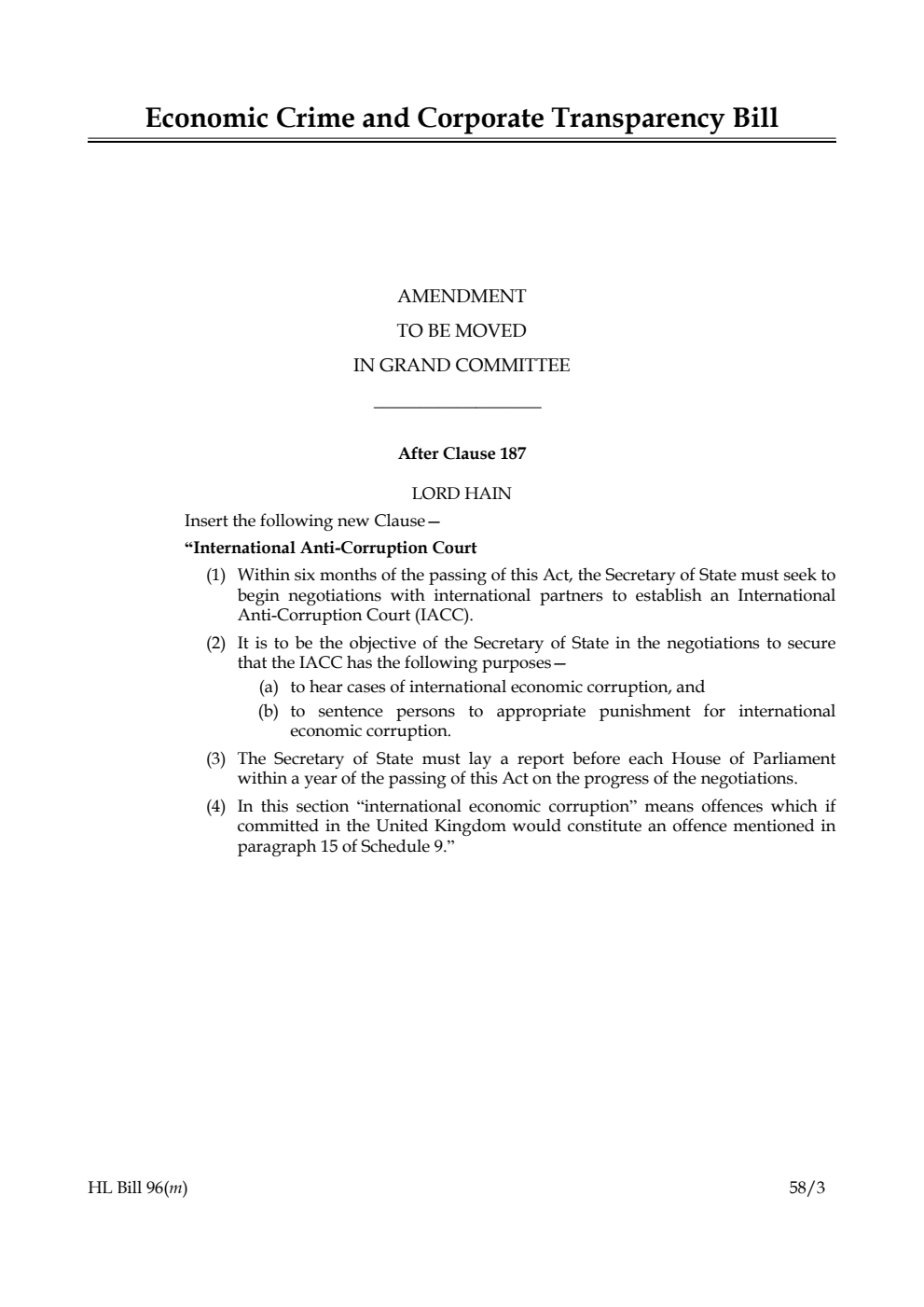 Economic Crime and Corporate Transparency Bill Amendment to be moved in Grand Committee