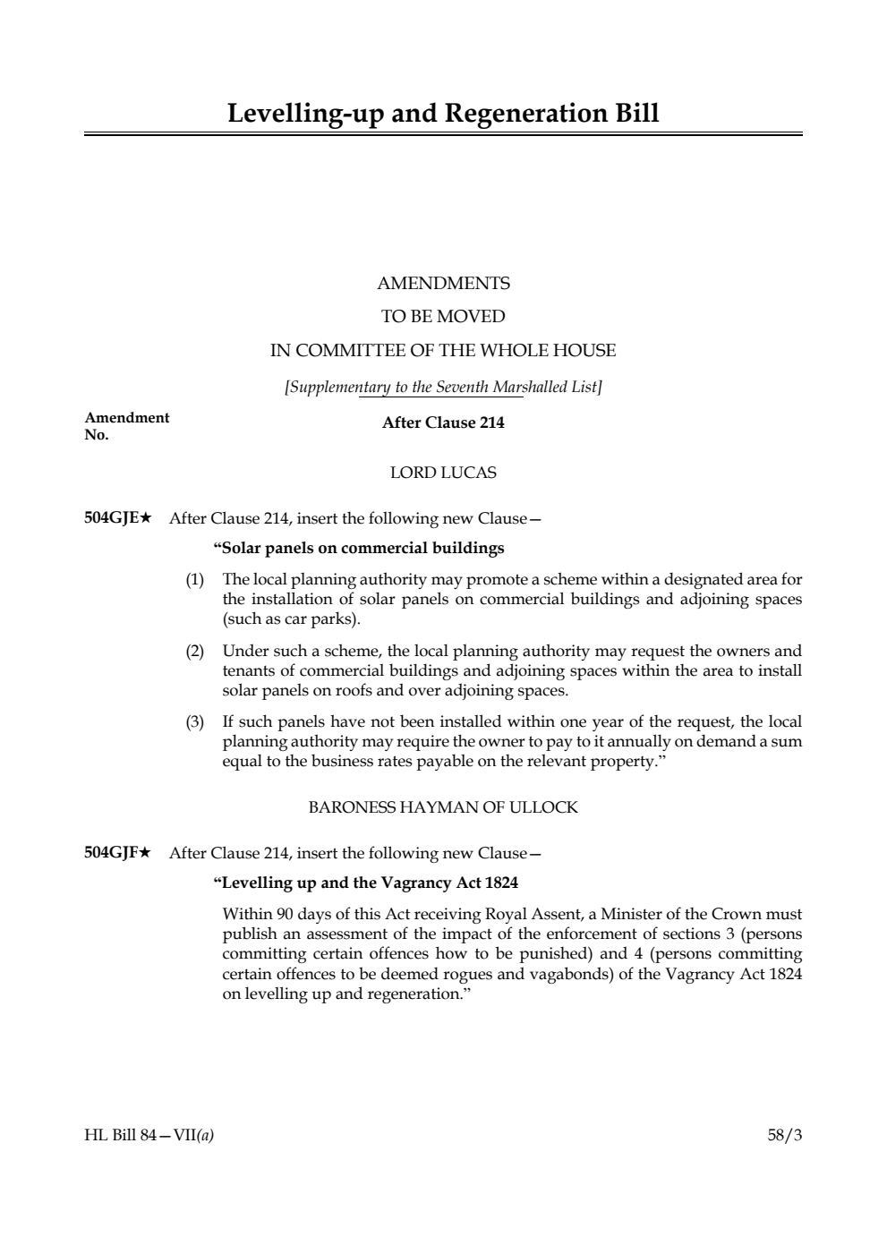 Levelling-up and Regeneration Bill Amendments to be moved in Committee of the Whole House [Supplementary to the Seventh Marshalled List]