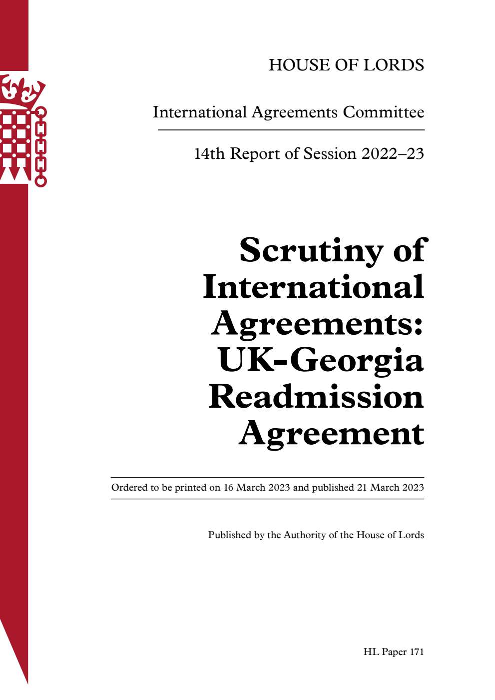 International Agreements Committee 14th Report.  Scrutiny of International Agreements: UK-Georgia Readmission Agreement