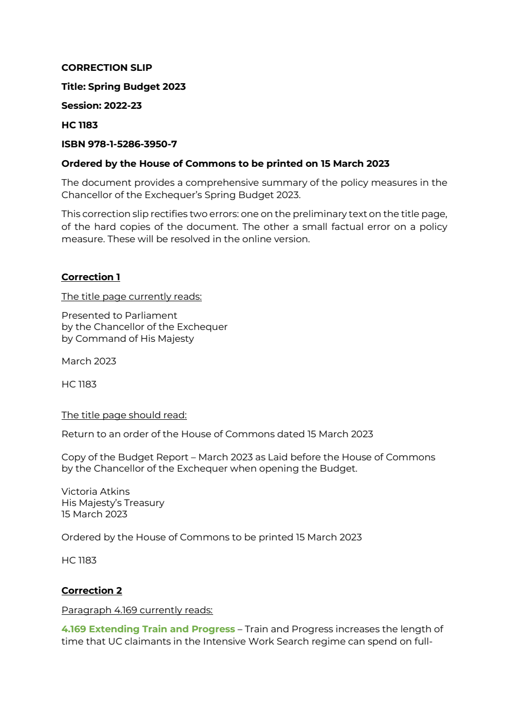 Spring Budget 2023. Correction Slip, March 2023