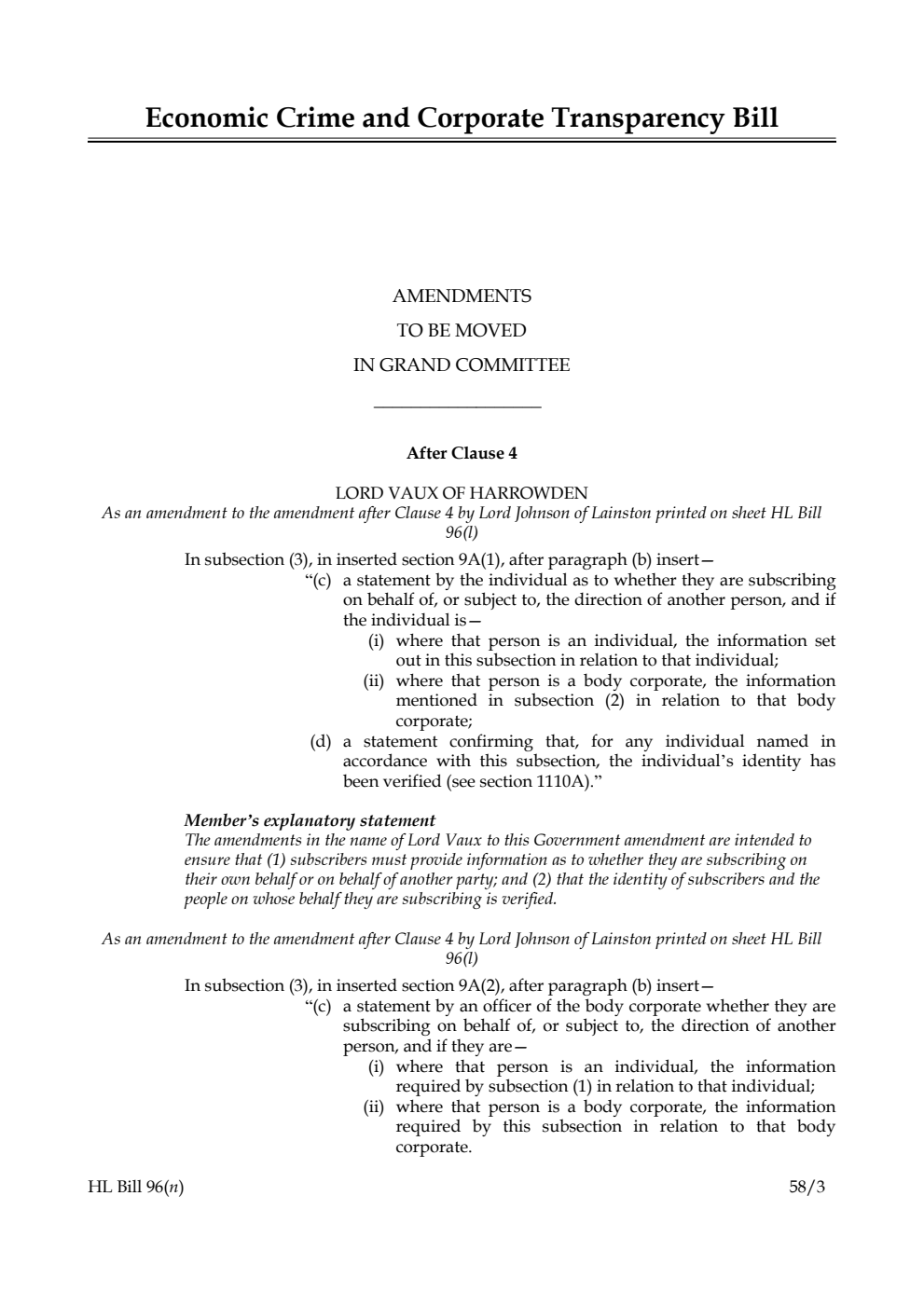 Economic Crime and Corporate Transparency Bill Amendments to be moved in Grand Committee