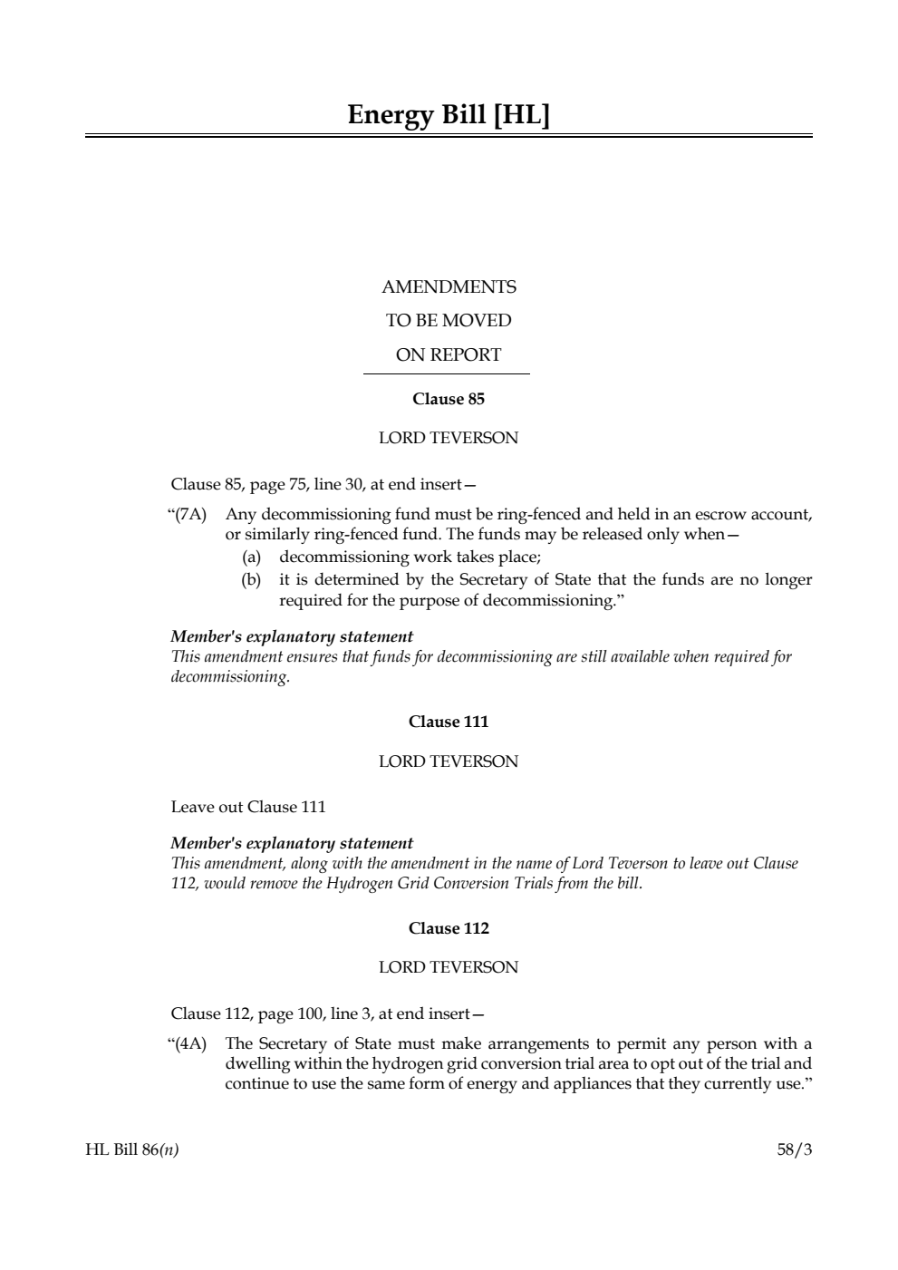 Energy Bill Amendments to be moved on Report