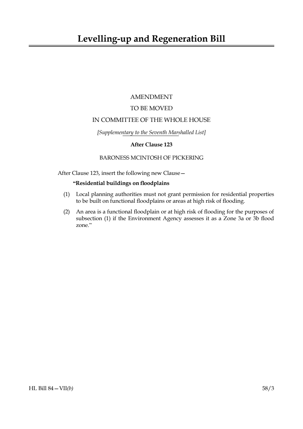 Levelling-up and Regeneration Bill Amendment to be moved in Committee of the Whole House [Supplementary to the Seventh Marshalled List]
