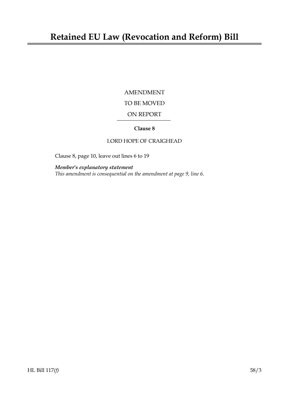 Retained EU Law (Revocation and Reform) Bill Amendment to be moved on Report