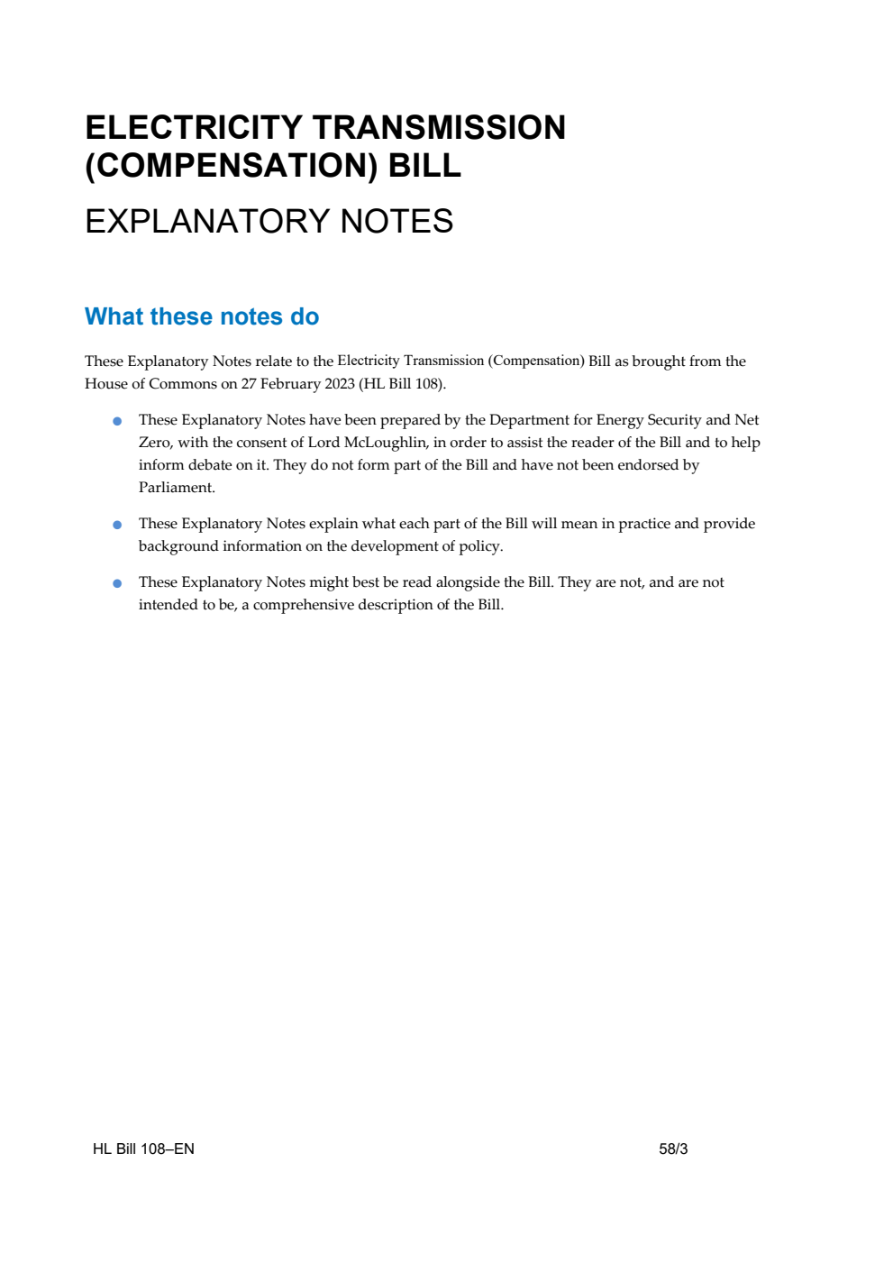 Electricity Transmission (Compensation) Bill Explanatory Notes