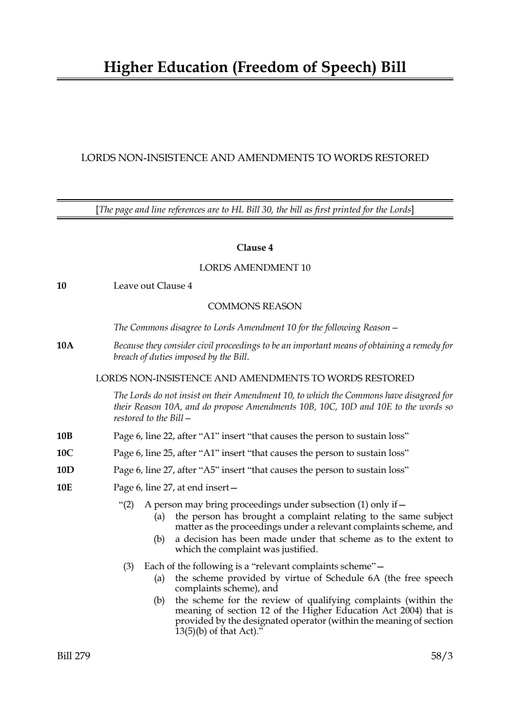 Higher Education (Freedom of Speech) Bill Lords non-insistence and amendments to words restored