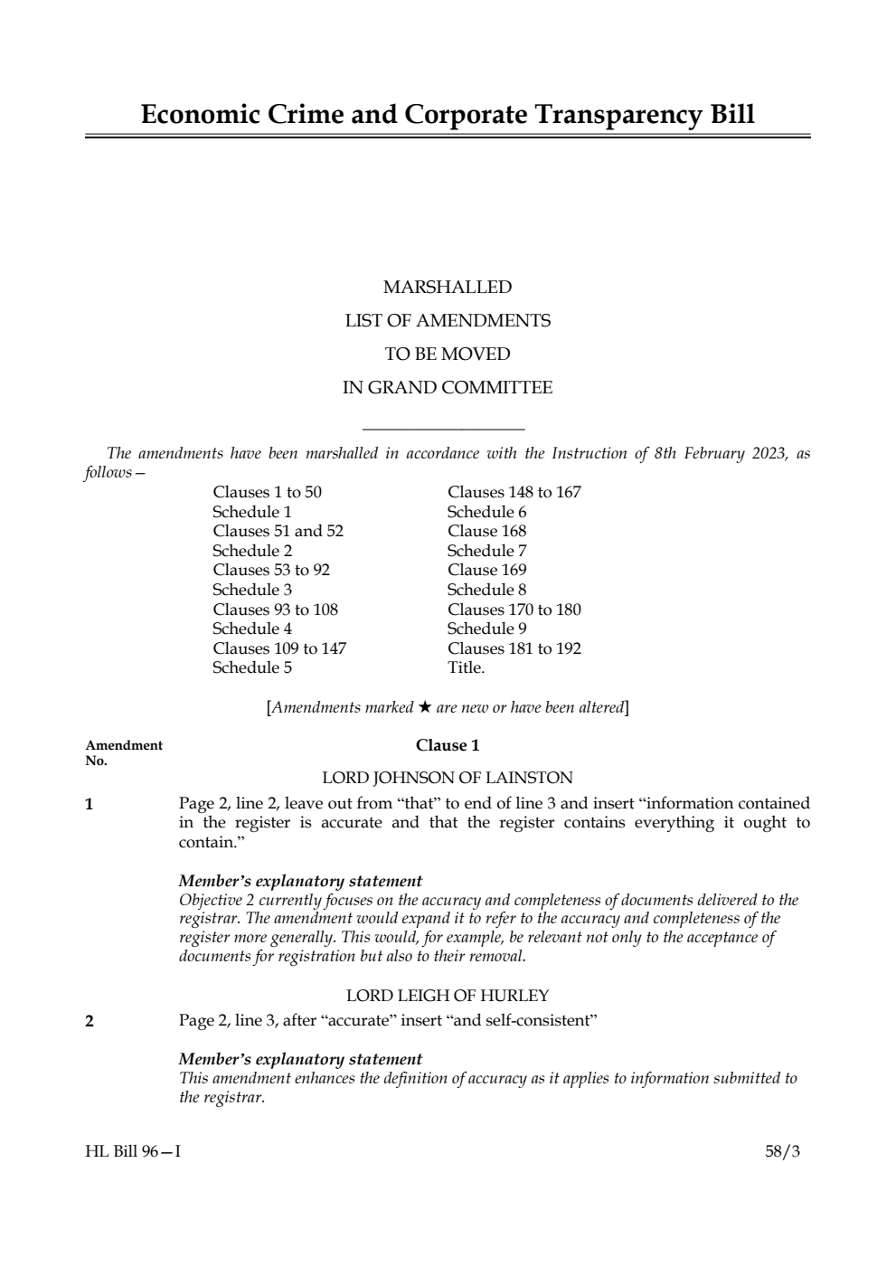 Economic Crime and Corporate Transparency Bill Marshalled List of Amendments to be moved in Grand Committee