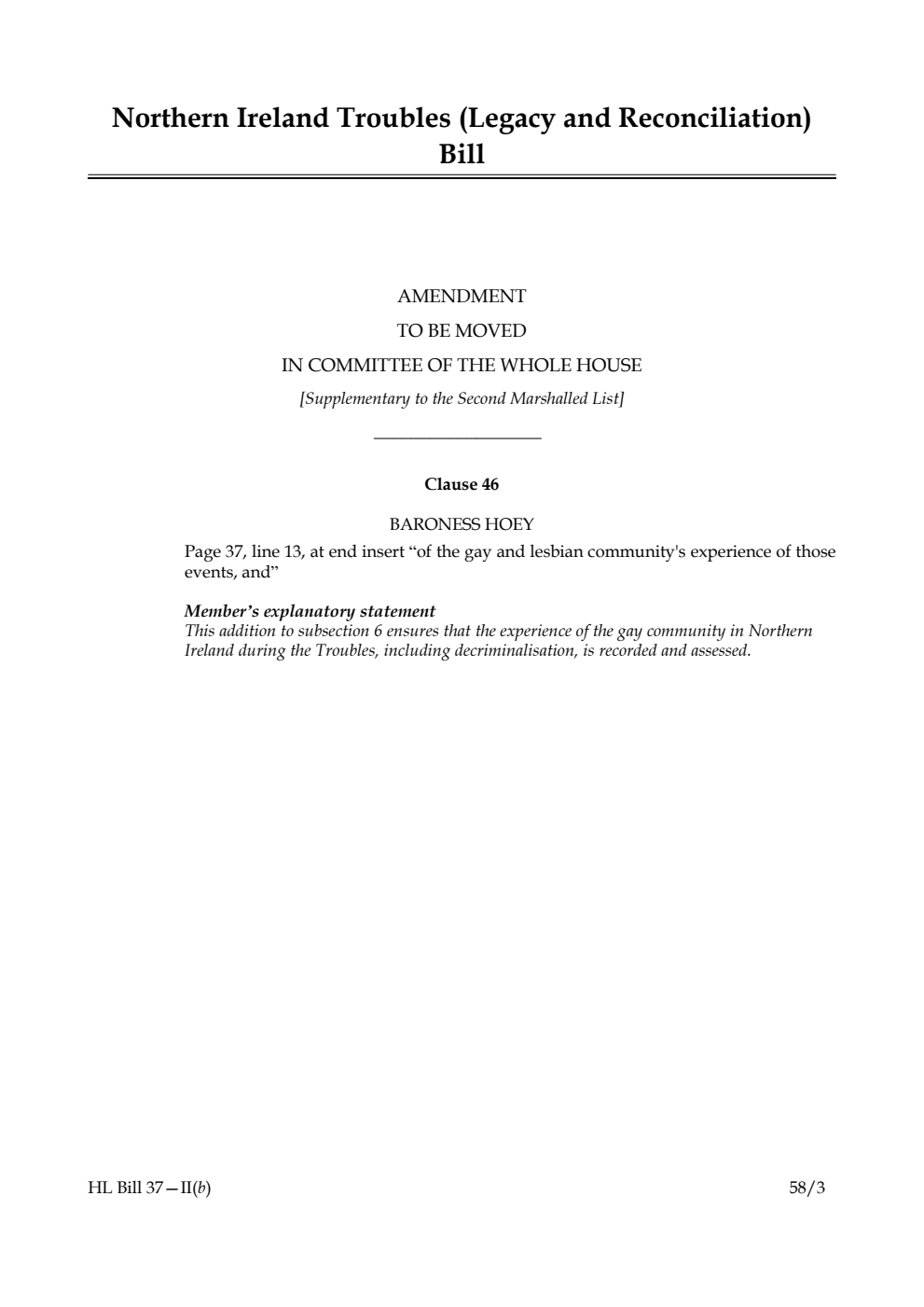Northern Ireland Troubles (Legacy and Reconciliation) Bill Amendment to be moved in Committee of the Whole House [Supplementary to the Second Marshalled List]