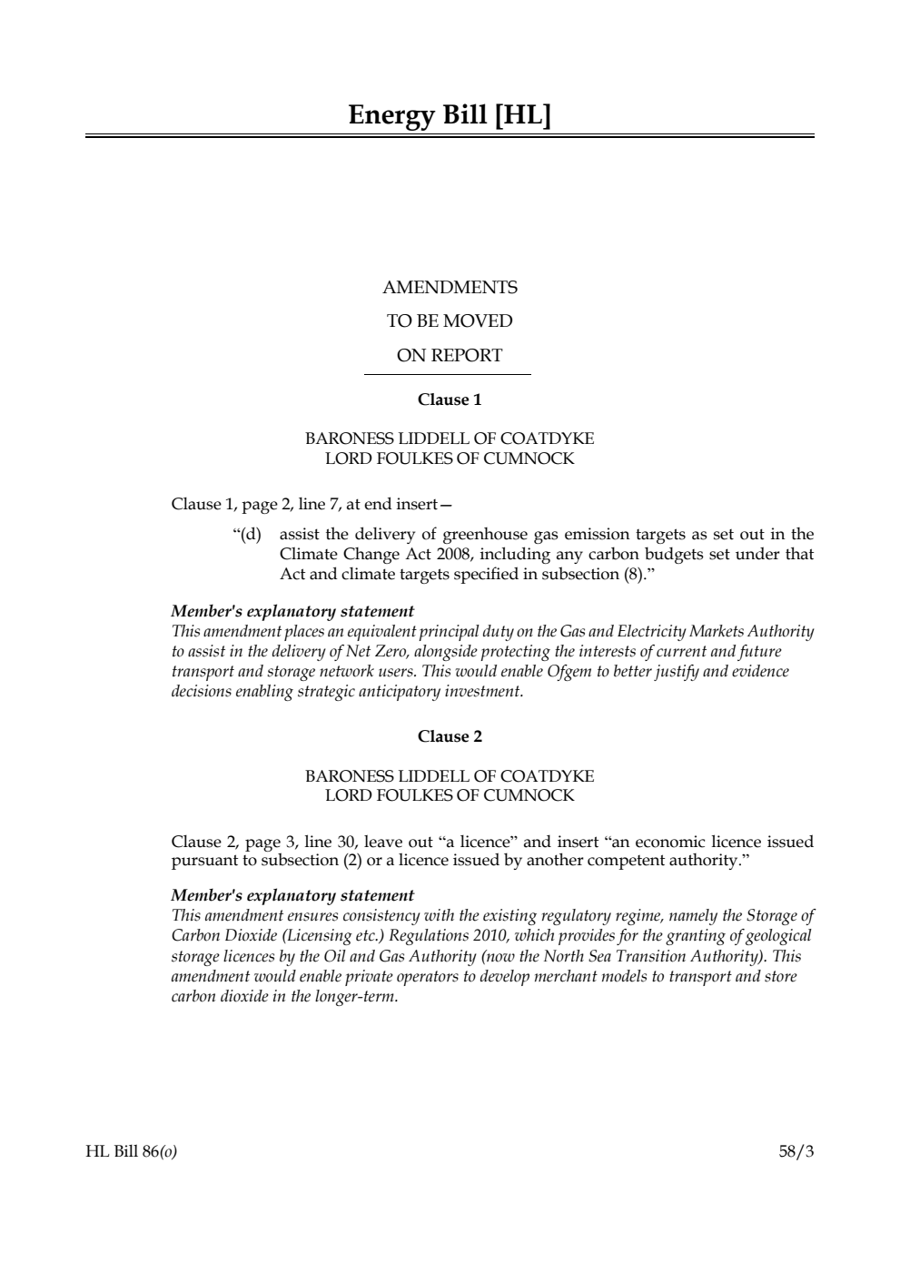 Energy Bill Amendments to be moved on Report