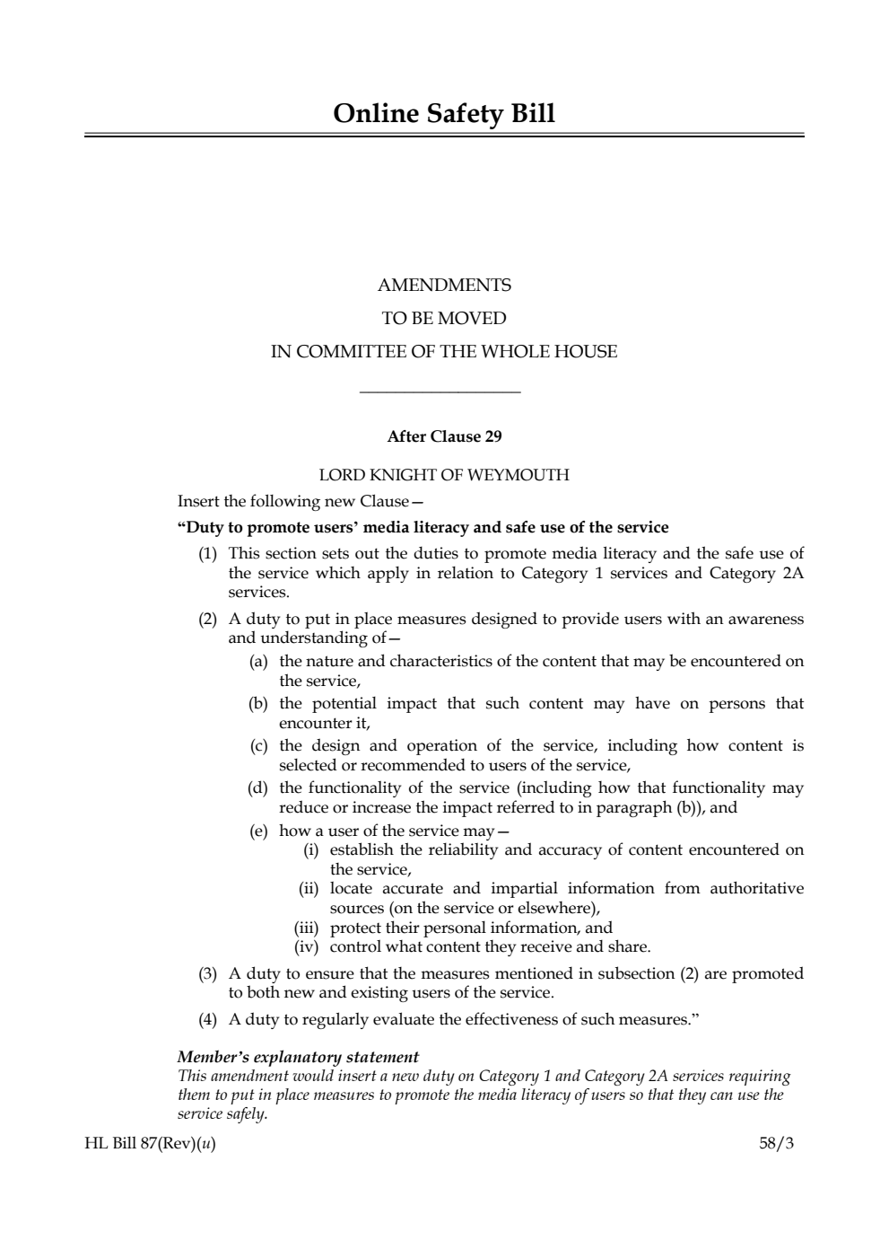 Online Safety Bill Amendments to be moved in Committee of the Whole House