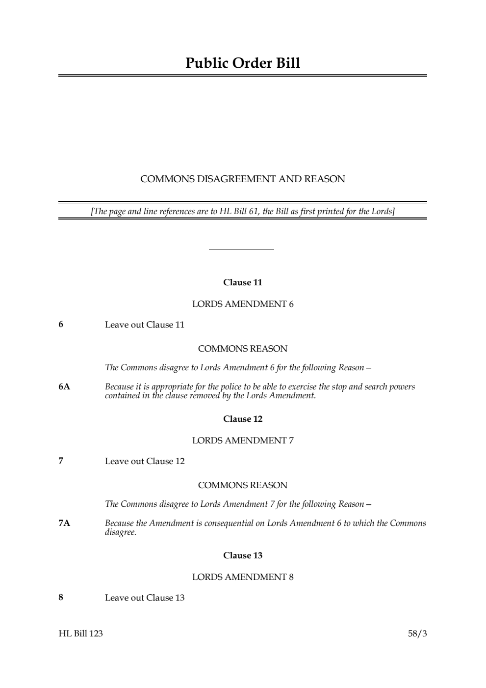 Public Order Bill Commons disagreement and reason