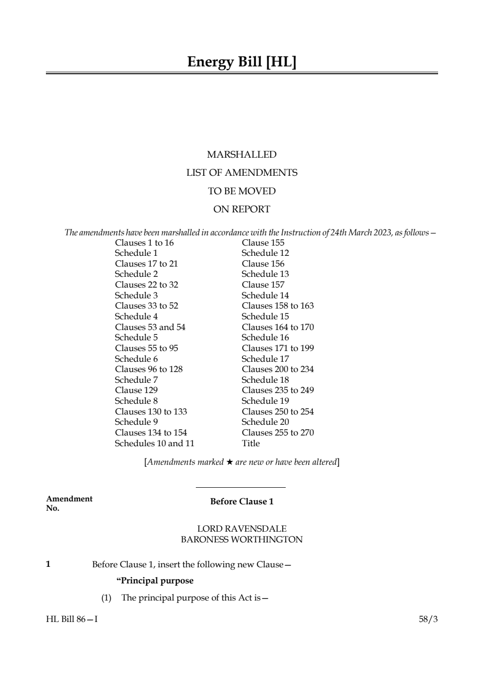 Energy Bill Marshalled List of Amendments to be moved on report