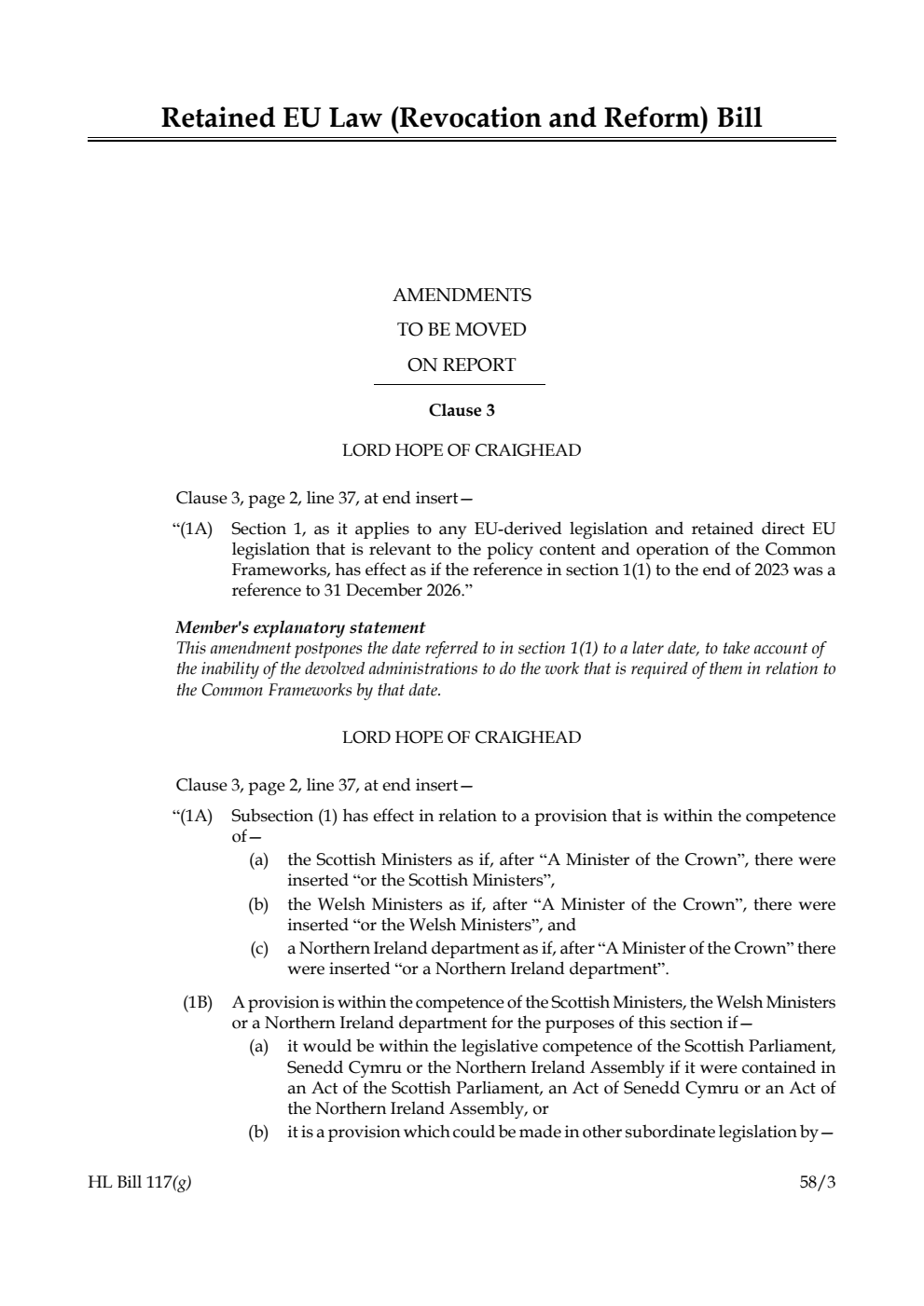 Retained EU Law (Revocation and Reform) Bill Amendments to be moved on Report