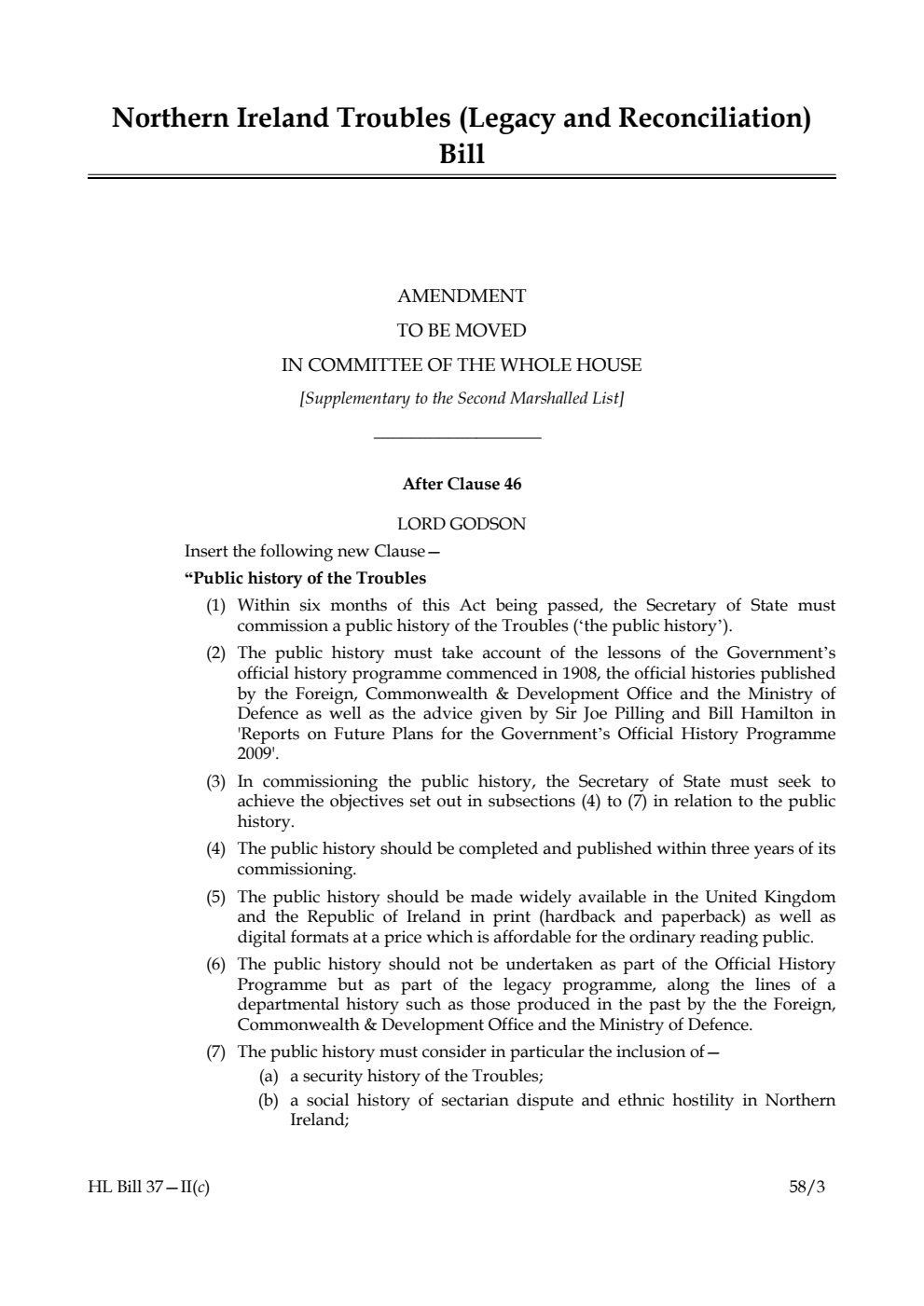 Northern Ireland Troubles (Legacy and Reconciliation) Bill Amendment to be moved in Committee of the Whole House [Supplementary to the Second Marshalled List]