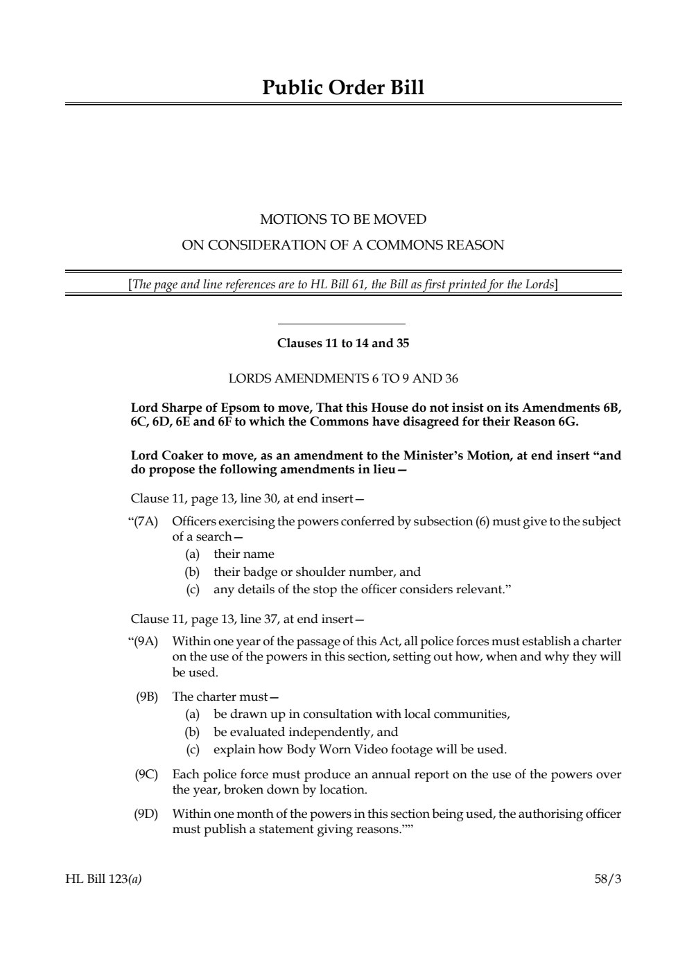 Public Order Bill Motions to be moved on consideration of Commons reason