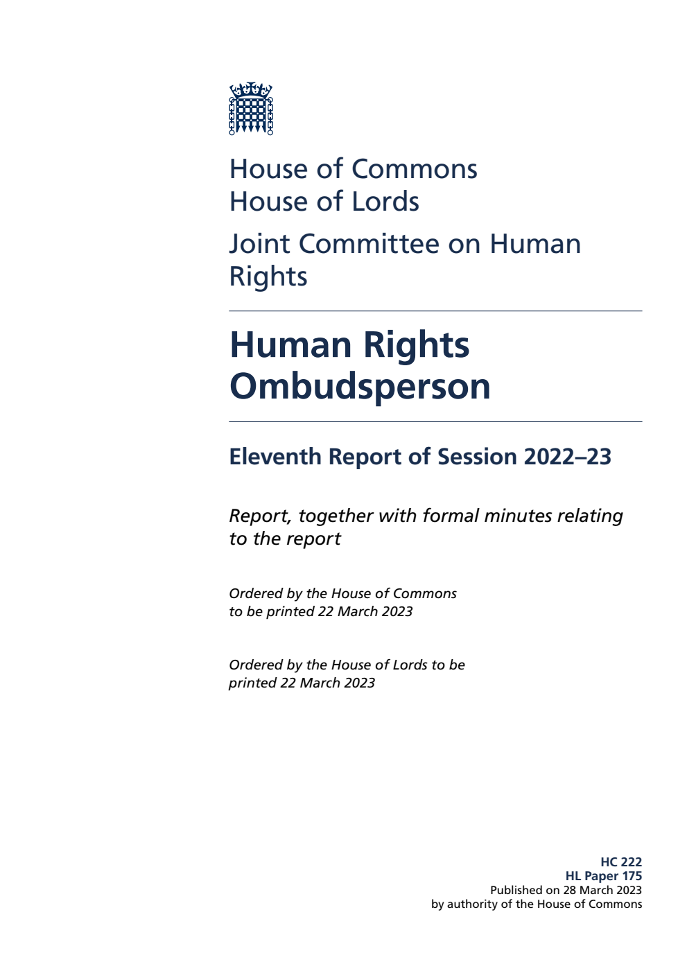 Human Rights Joint Committee 11th Report. Human Rights Ombudsperson Volume 1. Report
