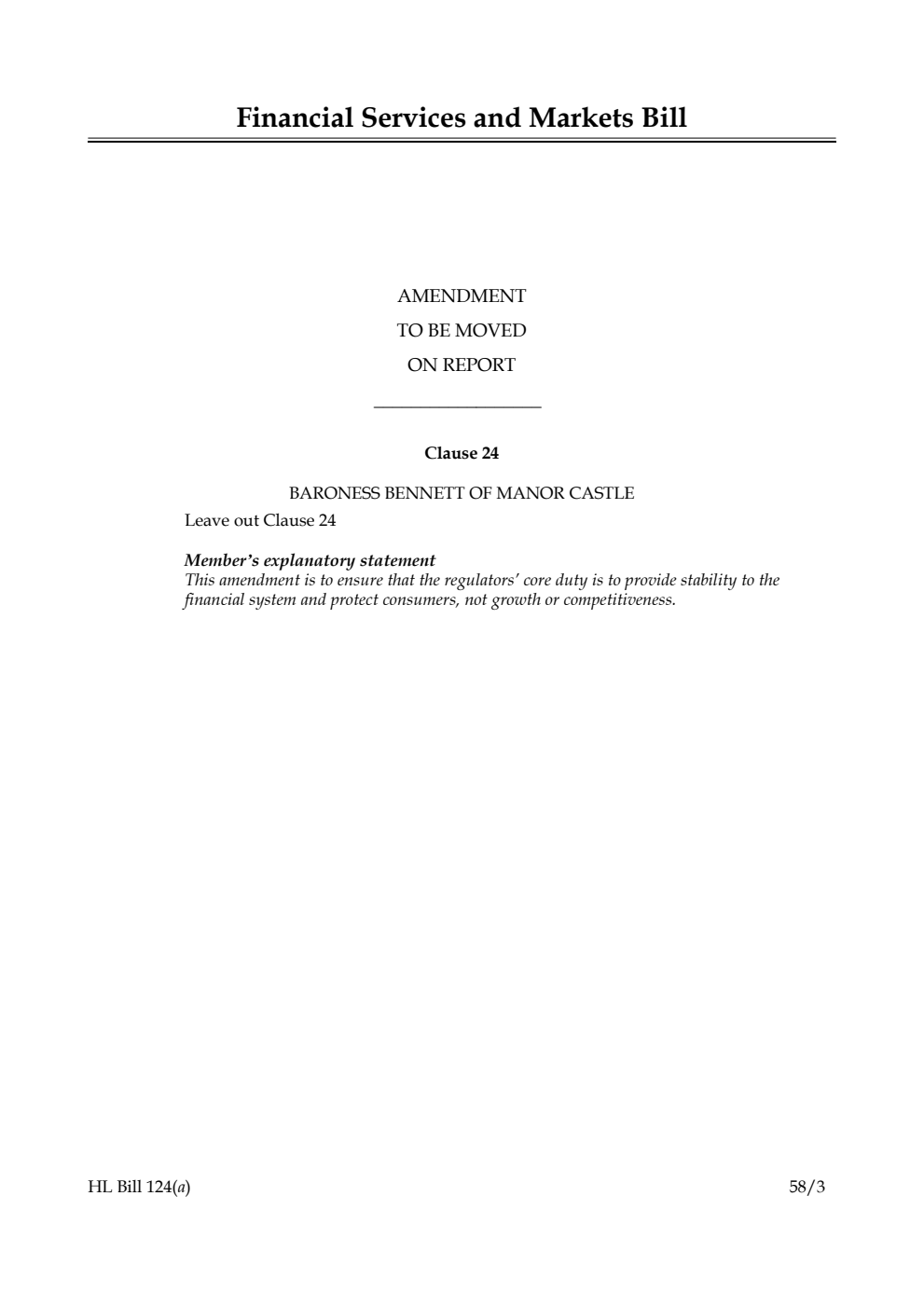 Financial Services and Markets Bill Amendment to be moved on Report