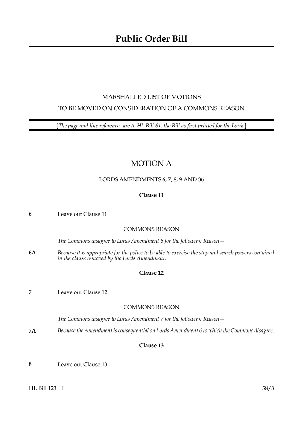 Public Order Bill Marshalled List of Motions to be moved on consideration of Commons reason