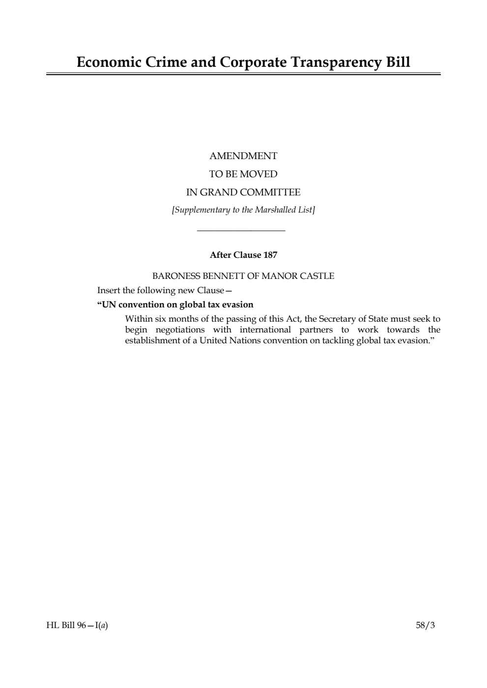 Economic Crime and Corporate Transparency Bill Amendment to be moved in Grand Committee [Supplementary to the Marshalled List]
