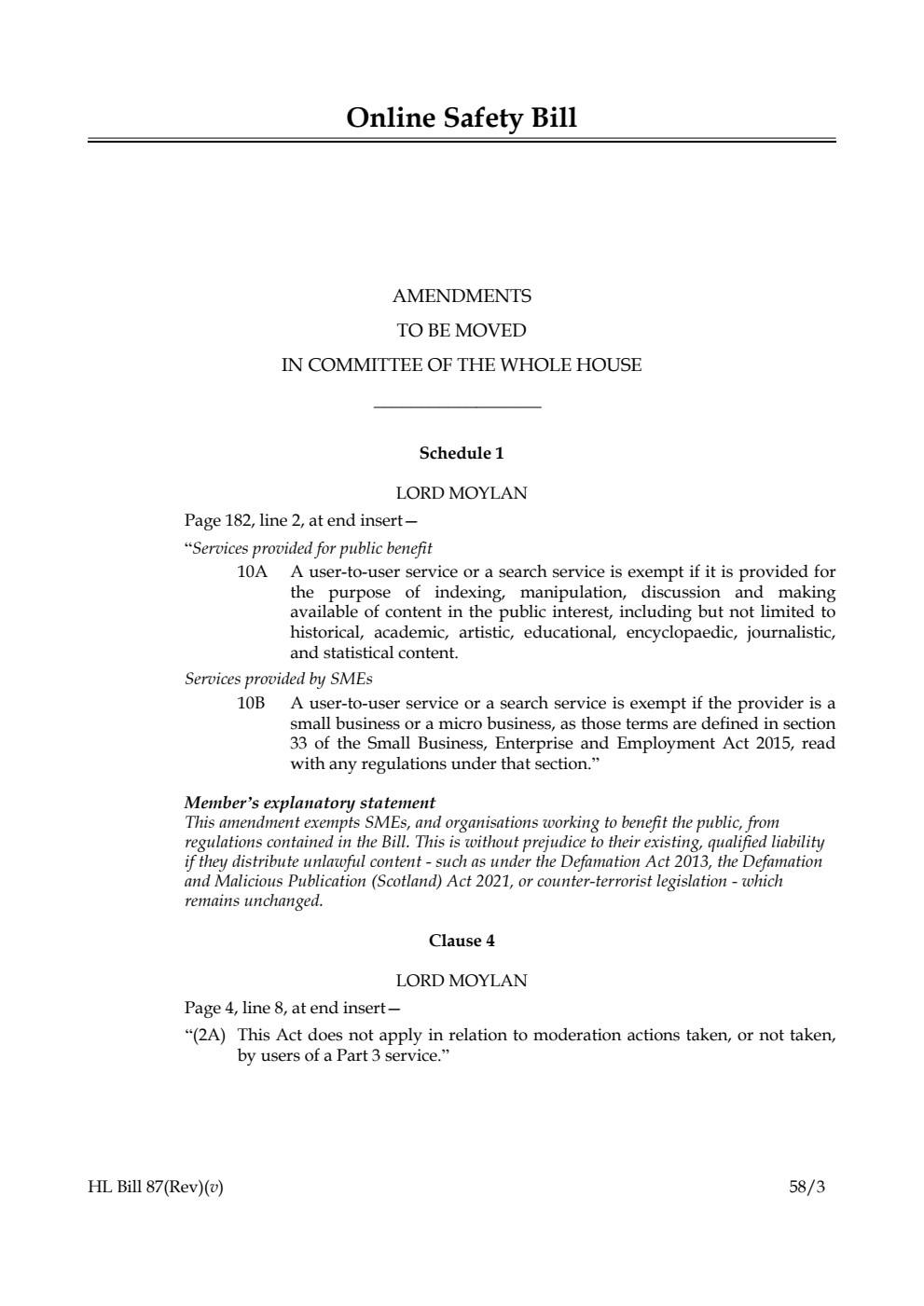 Online Safety Bill Amendments to be moved in Committee of the Whole House