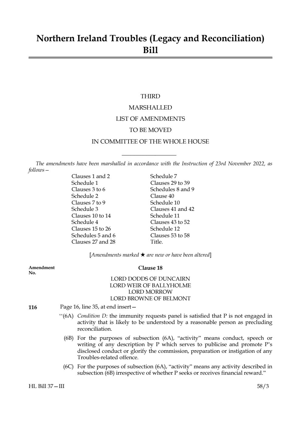 Northern Ireland Troubles (Legacy and Reconciliation) Bill Third Marshalled List of Amendments to be moved in Committee of the Whole House