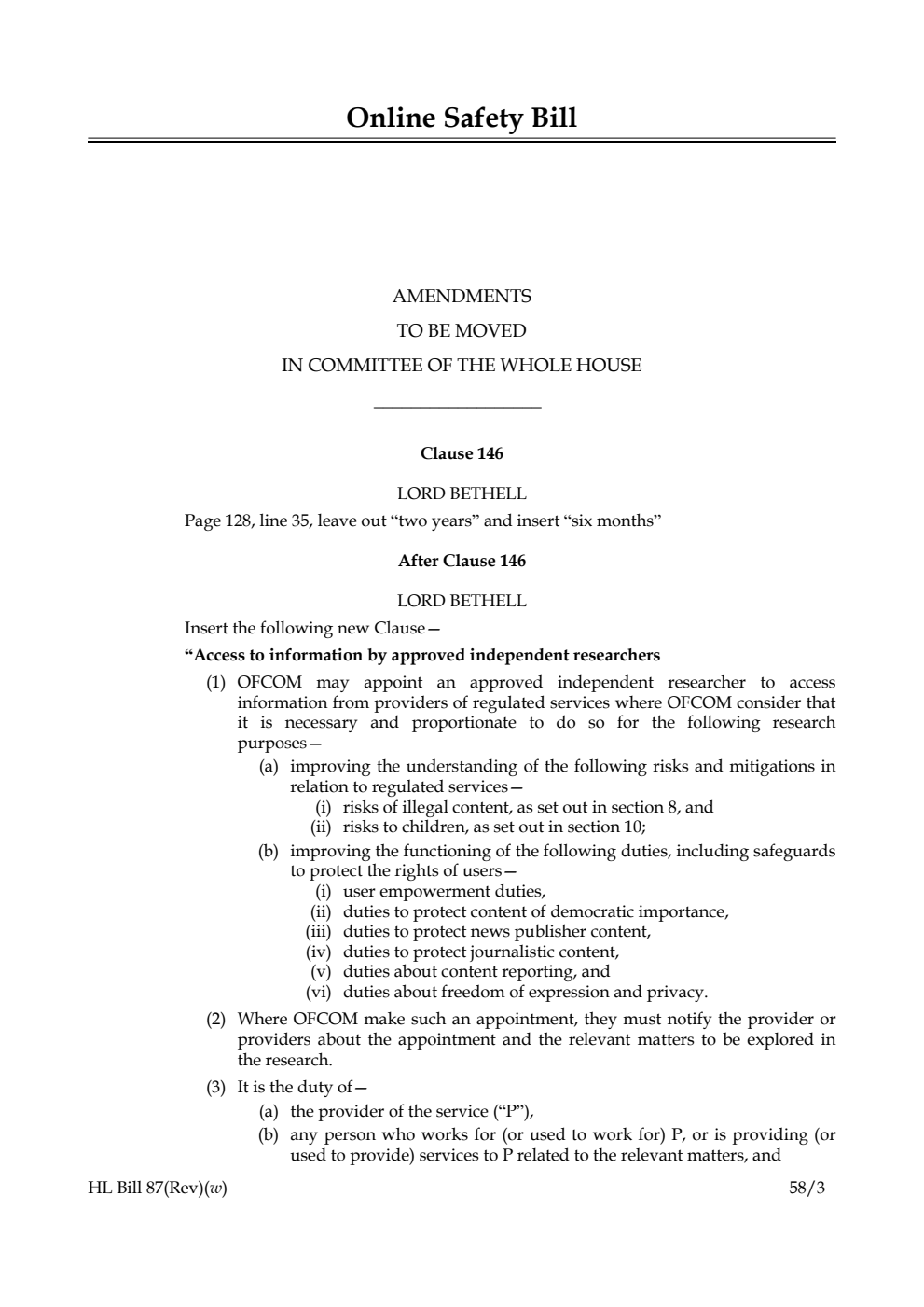 Online Safety Bill Amendments to be moved in Committee of the Whole House