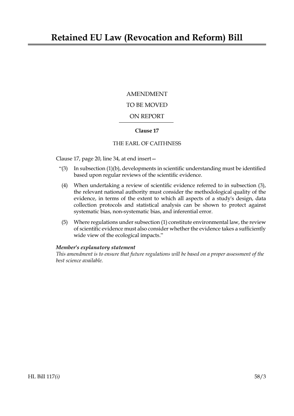 Retained EU Law (Revocation and Reform) Bill Amendment to be moved on Report