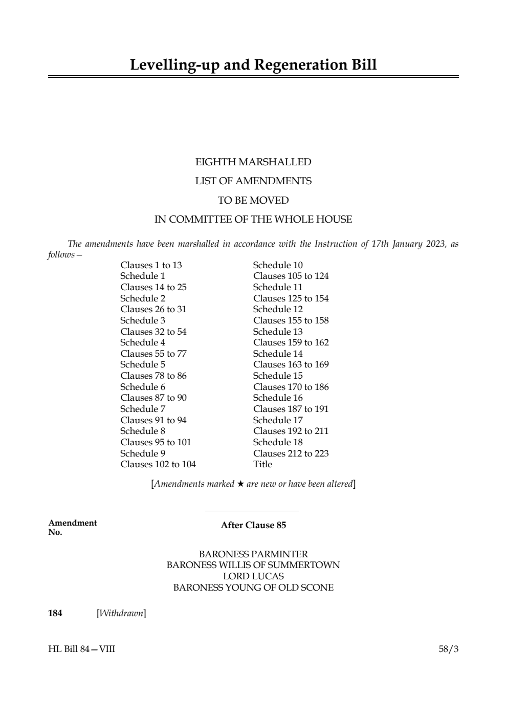 Levelling-up and Regeneration Bill Eighth Marshalled List of Amendments to be moved in Committee of the Whole House