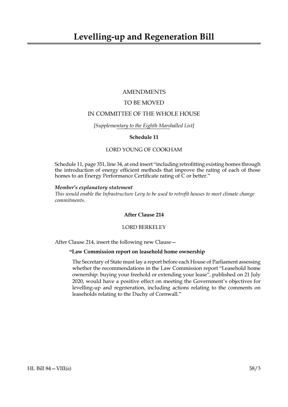 Levelling-up and Regeneration Bill Amendments to be moved in Committee of the Whole House [Supplementary to the Eighth Marshalled List]