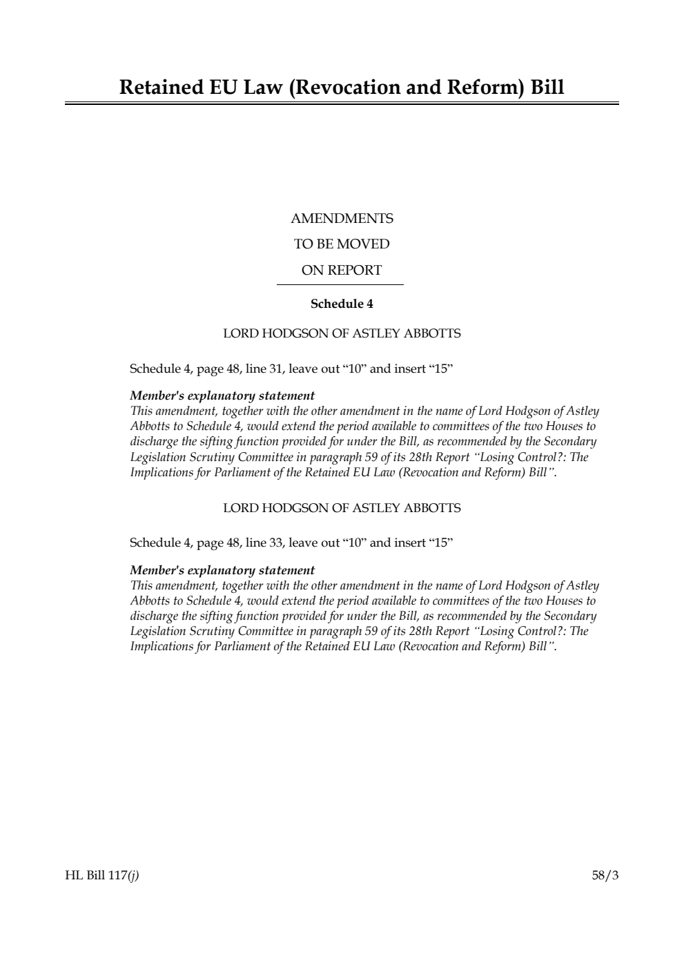 Retained EU Law (Revocation and Reform) Bill Amendments to be moved on Report