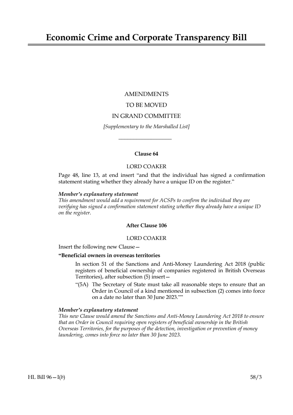 Economic Crime and Corporate Transparency Bill Amendments to be moved in Grand Committee [Supplementary to the Marshalled List]