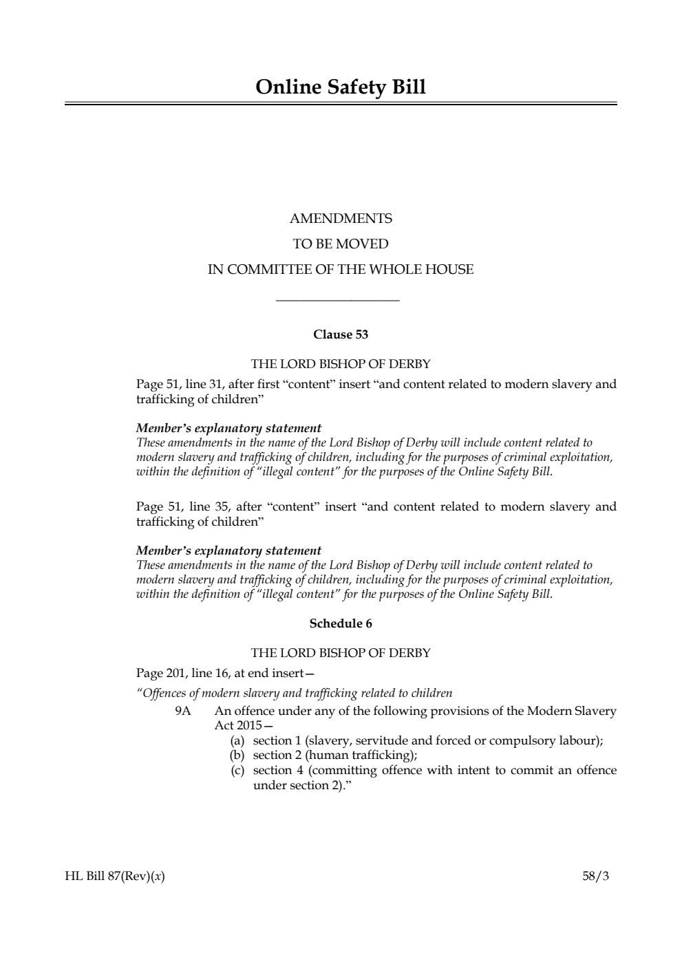 Online Safety Bill Amendments to be moved in Committee of the Whole House