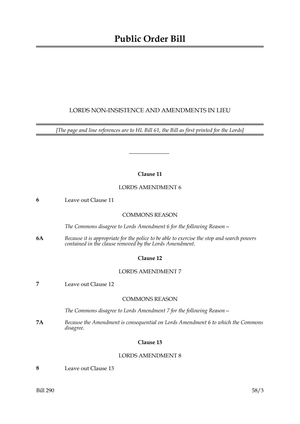 Public Order Bill Lords non-insistence and amendments in lieu