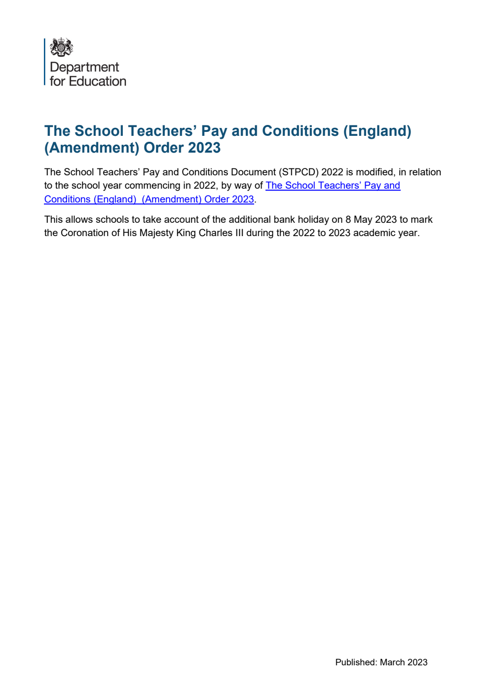 Modification of School teachers’ pay and conditions document 2022. March 2023