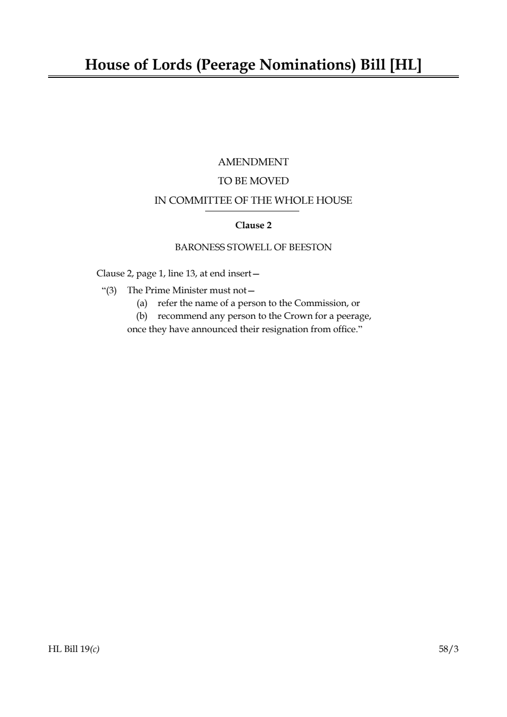 House of Lords (Peerage Nominations) Bill Amendment to be moved in Committee of the Whole House