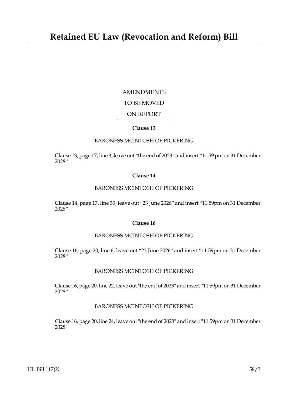 Retained EU Law (Revocation and Reform) Bill Amendments to be moved on Report
