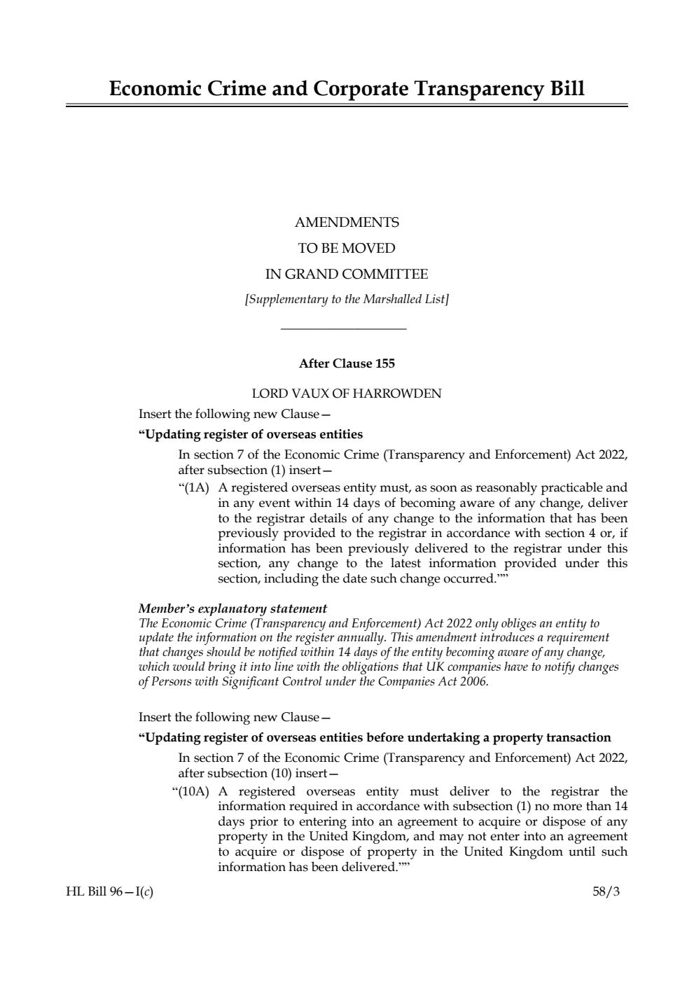 Economic Crime and Corporate Transparency Bill Amendments to be moved in Grand Committee [Supplementary to the Marshalled List]
