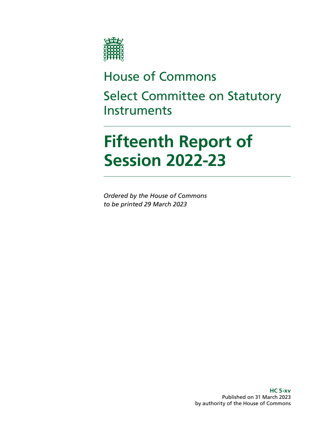 Statutory Instruments Committee 15th Report of Session 2022-23