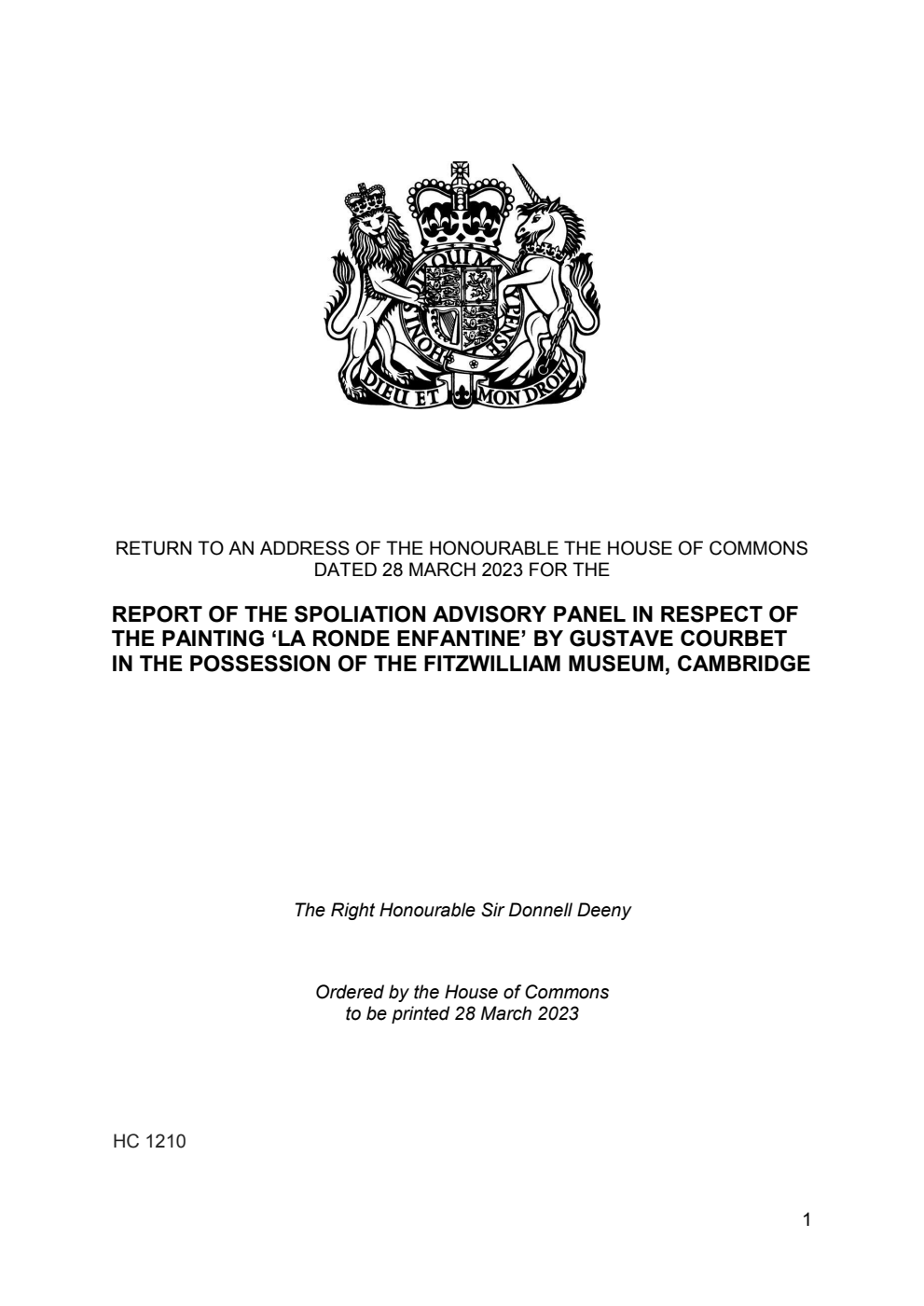 Report of the Spoliation Advisory Panel in respect of the painting ‘La Ronde Enfantine’ by Gustave Courbet in the possession of the Fitzwilliam Museum, Cambridge