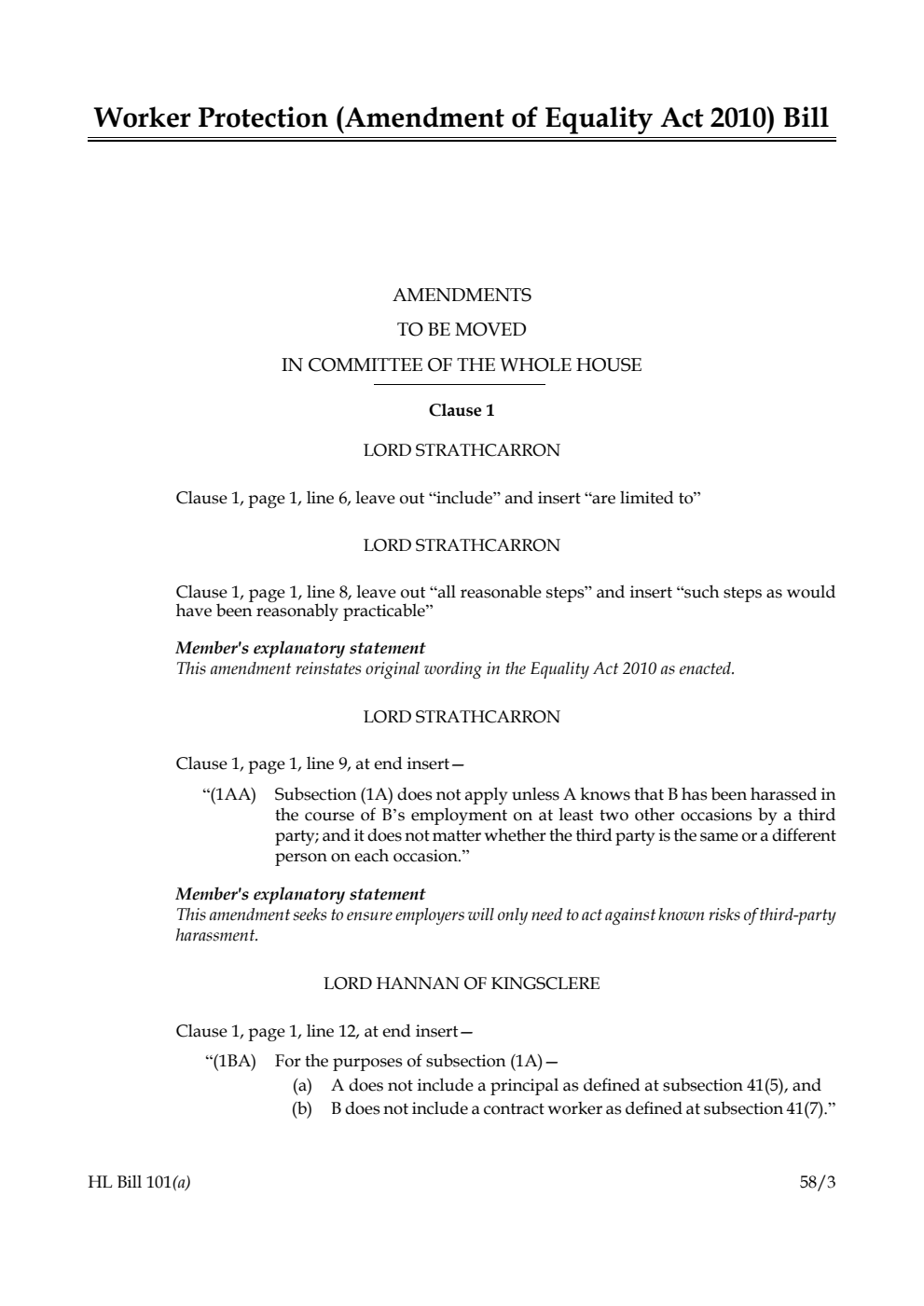Worker Protection (Amendment of Equality Act 2010) Bill Amendments to be moved in Committee of the Whole House