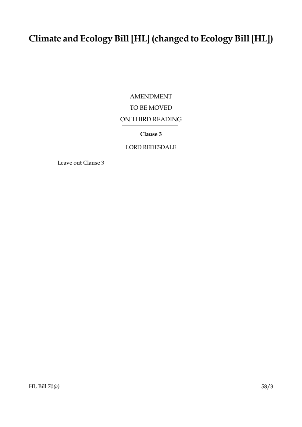 Ecology Bill Amendment to be moved on third reading
